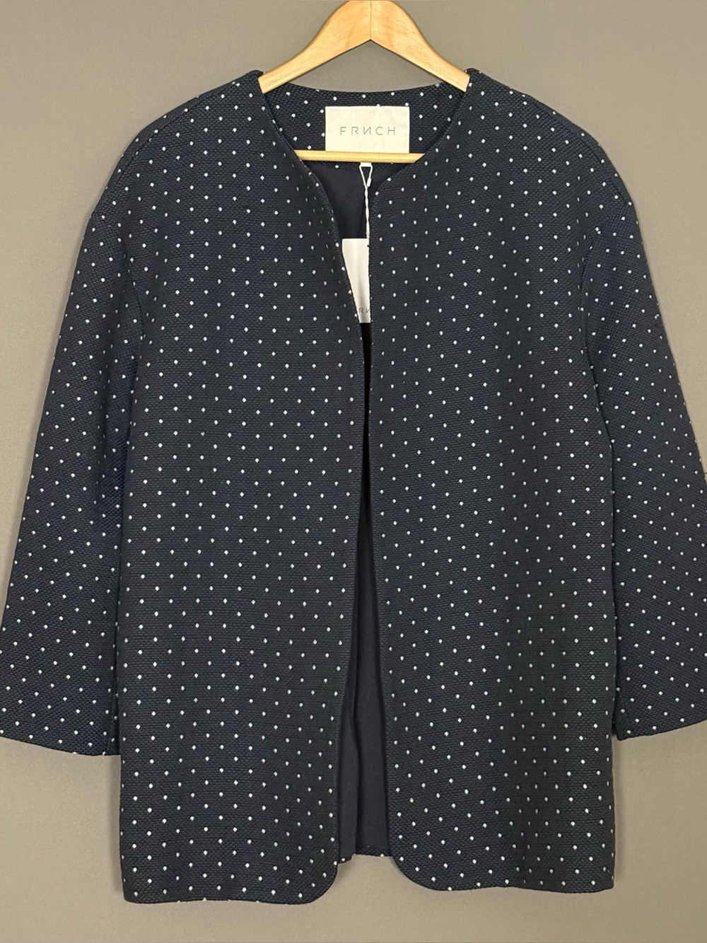 FRNCH Paris Navy Polka Dot Textured Open Front Jacket Women S/M Small NEW